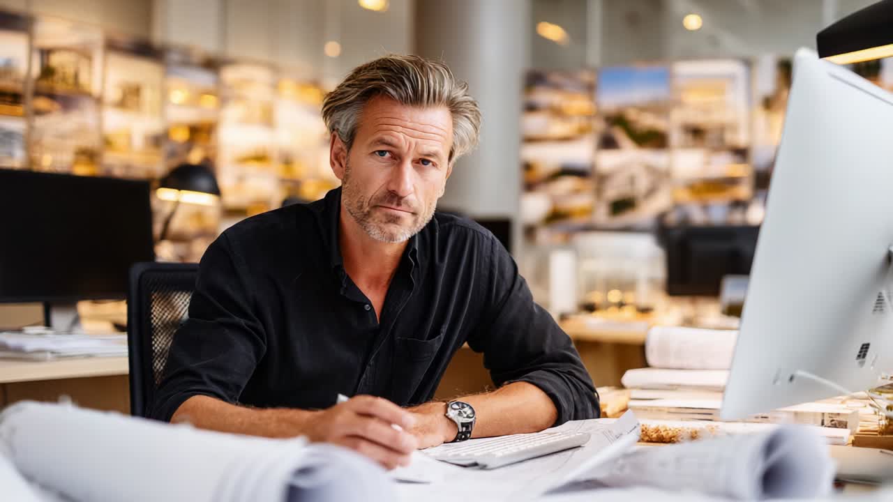 An Engaging Architect Discussing Design Concepts in a Modern Office Environment, Utilizing Drafting Paper and Technology to Outline Innovative Ideas and Collaborate with Clients on Architectural Plans