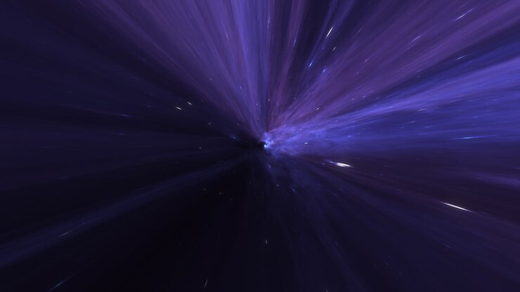 Entrata in un tunnel a curvatura (wormhole) interstellare con nuvole di gas viola brillante