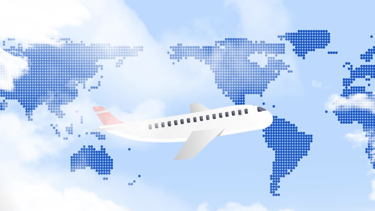 animación de un avión volando sobre el mapa del mundo
