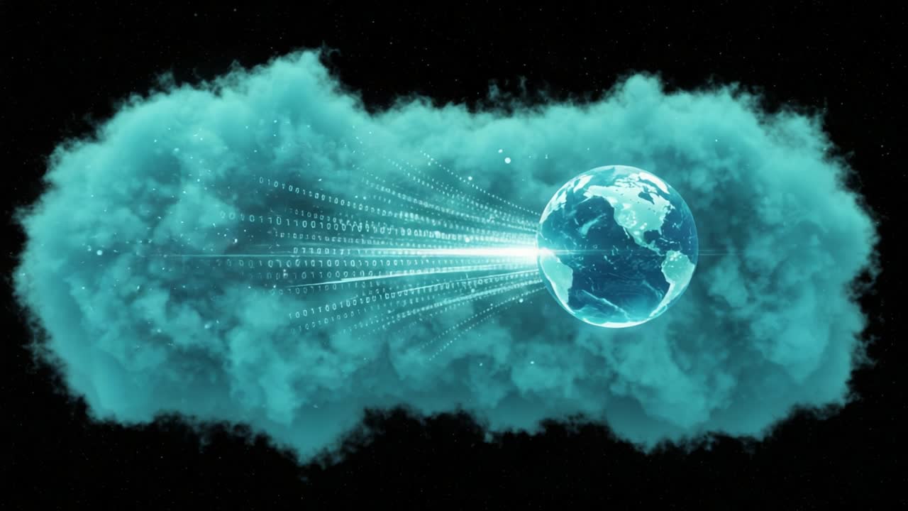 A vibrant visualization of Earth surrounded by clouds, displaying streams of digital data in binary code that symbolize information flow and digital connectivity