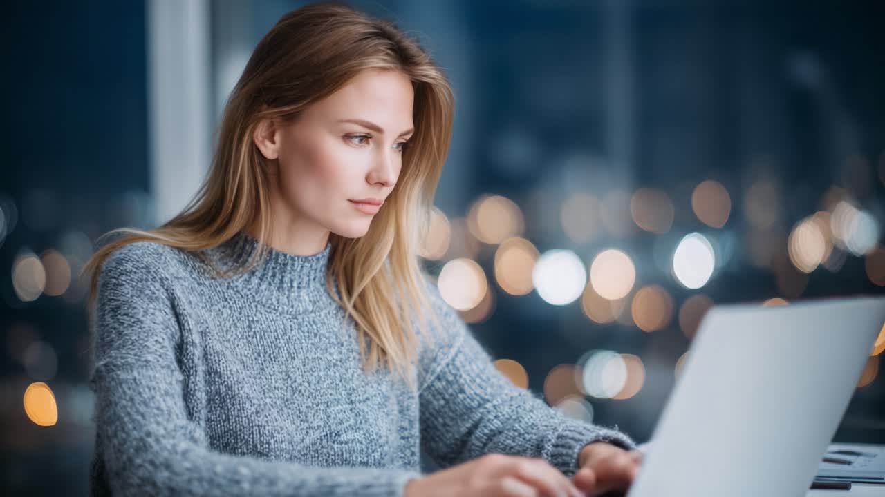 A focused young woman working diligently on her laptop against a backdrop of city lights, embodying concentration and productivity during the evening hours
