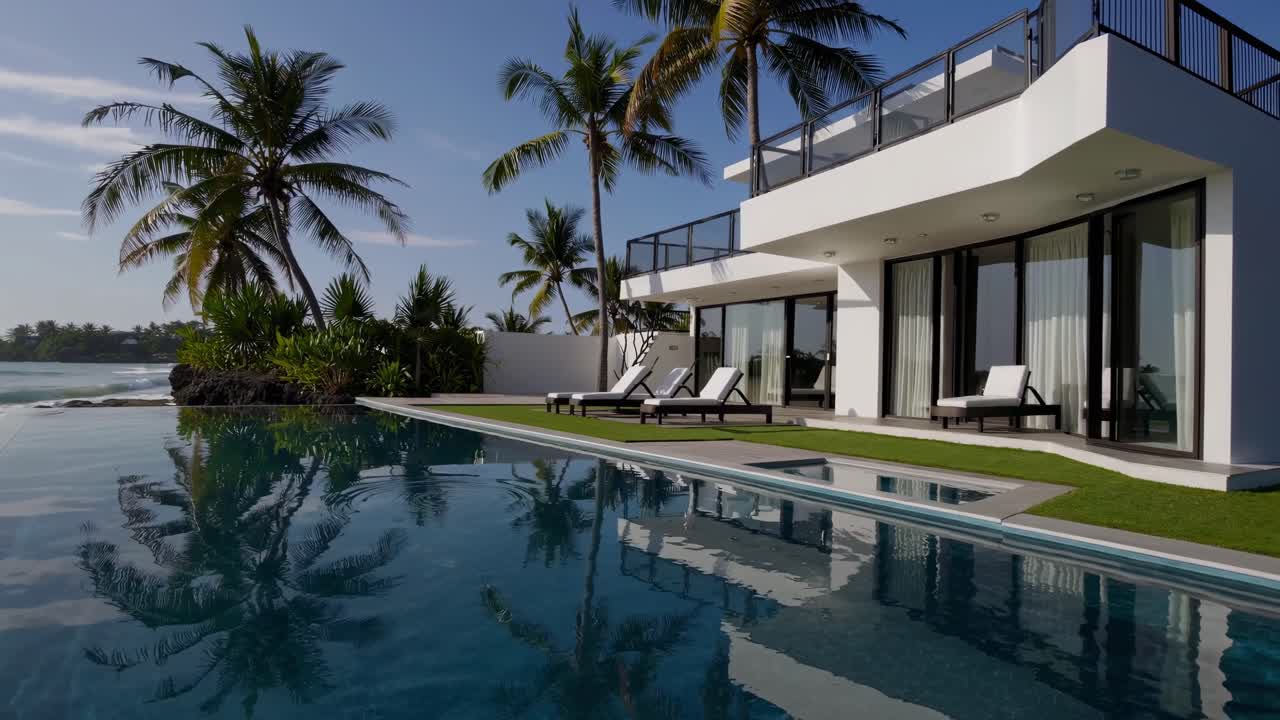 Modern villa with infinity pool reflects palm trees and blue sky, showcasing serene outdoor living and luxurious coastal lifestyle in a tranquil setting