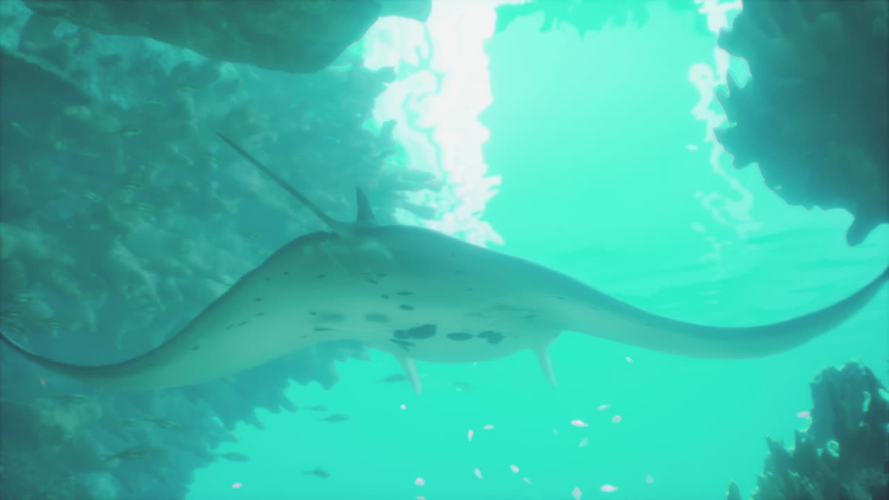 manta ray nadando a través de un arrecife de coral