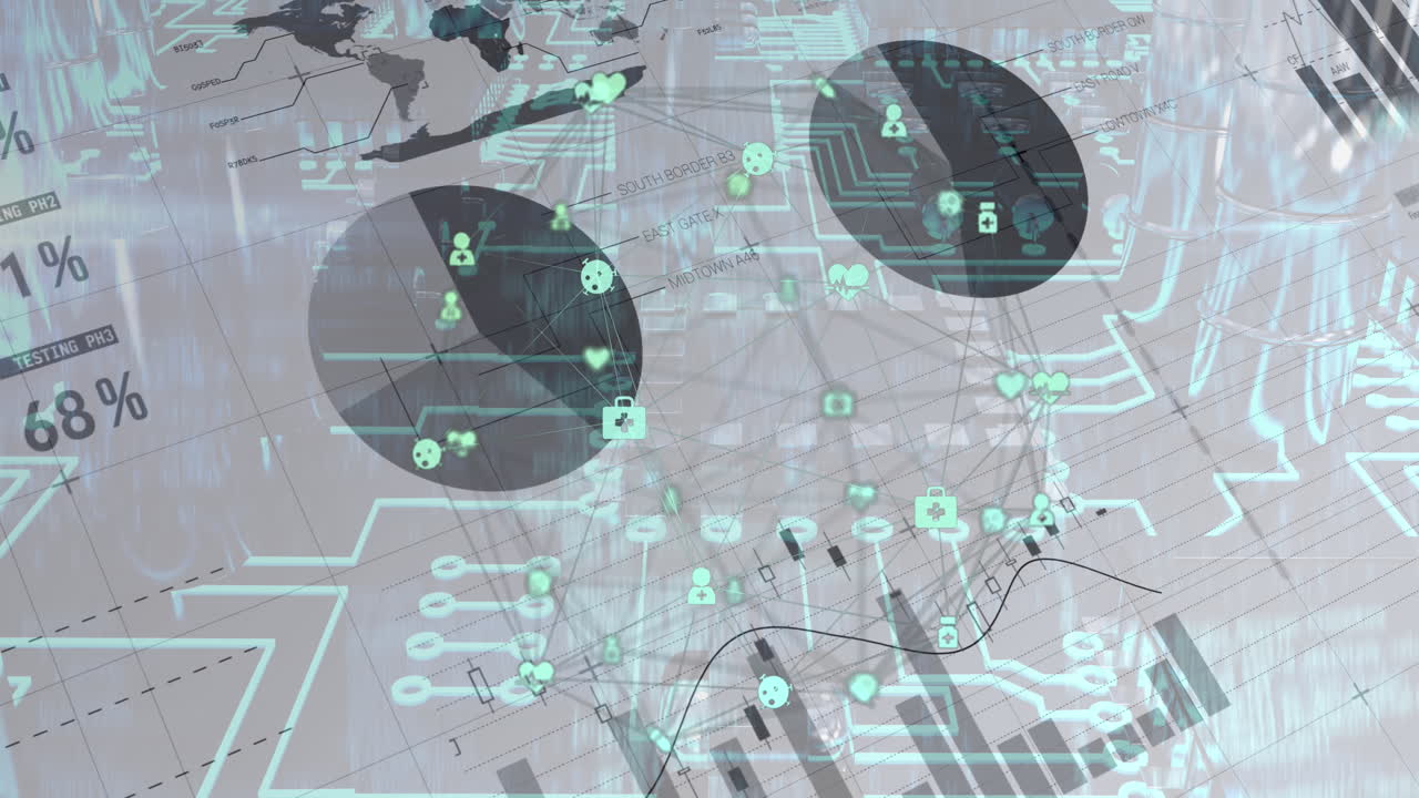la animación digital fusiona datos de microprocesador y financieros, destacando el negocio global.