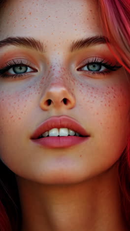 a woman with red, blue, and green hair is smiling. the image has a bright and cheerful mood