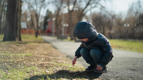 un niño joven, vestido con chaqueta negra, pantalones vaqueros azules y botas, se agacha en un camino pavimentado en campo abierto, se centra en cavar en el suelo con un palo que se rompió y trata de usar el camino fuerte