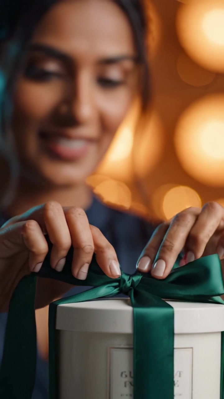 Incantevole presentazione di un regalo: una donna lega un fiocco verde su un pacchetto, irradiando gioia e attesa sotto una luce calda e soffusa.