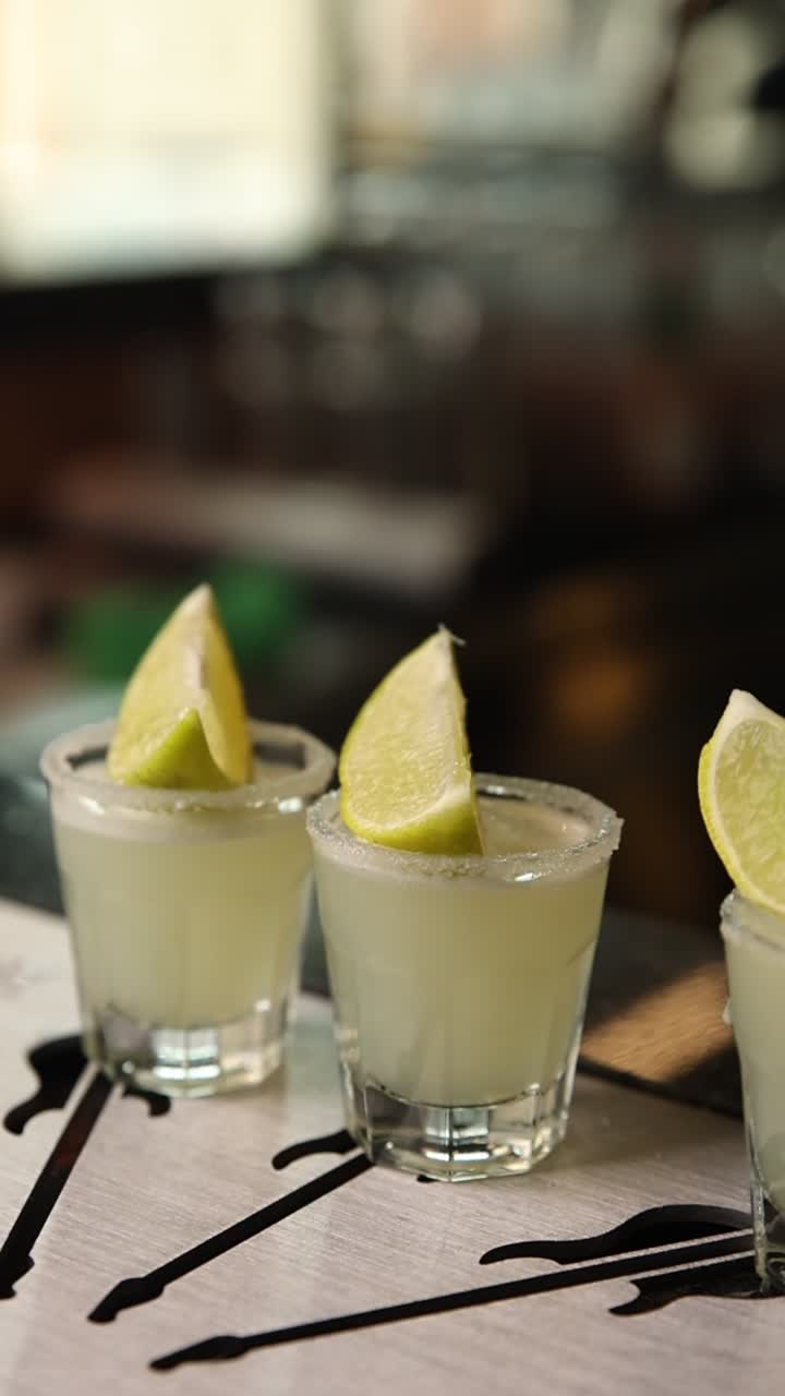 Cicchetti di cocktail rinfrescanti con spicchi di lime e bordi salati