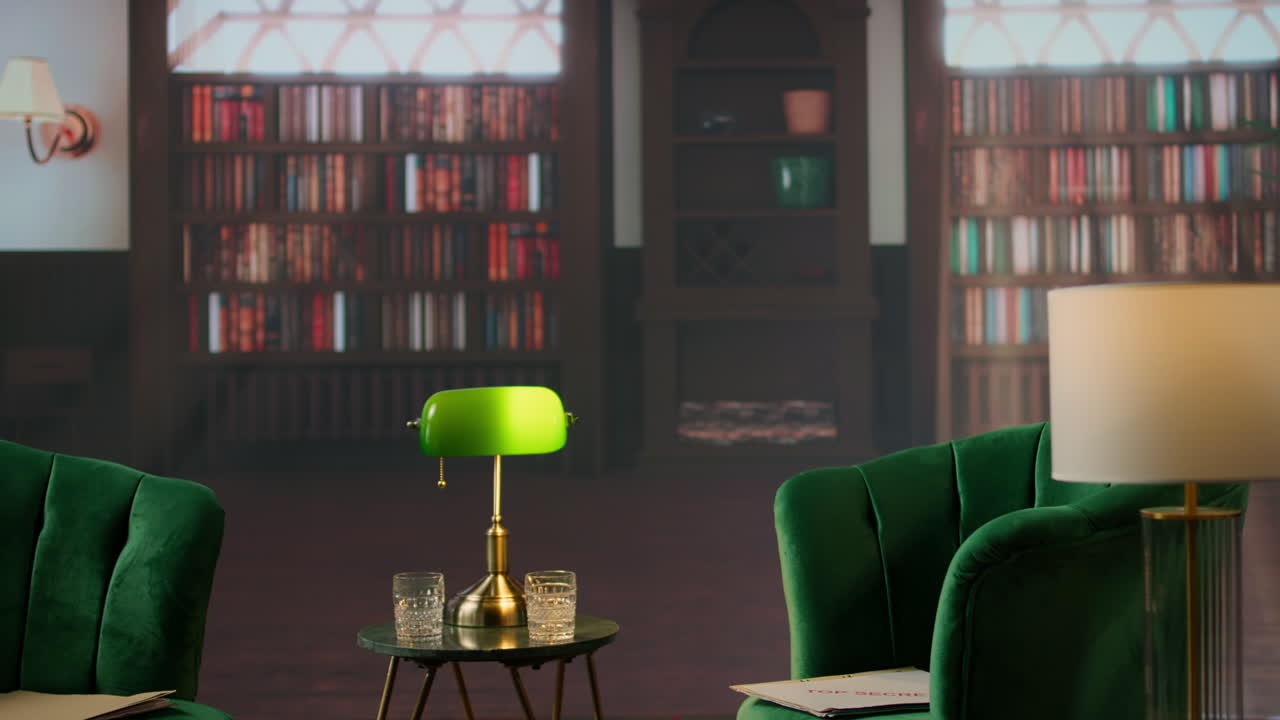 elegante y refinado espacio de salón de la biblioteca con decoración vintage e iluminación cálida