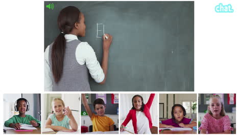 animación de pantallas de videollamadas de pizarra y diversos maestros y niños que tienen lecciones en línea