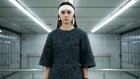 stylish model showcases unique contemporary fashion in a minimalist urban environment with modern lighting and distinctive geometric patterns