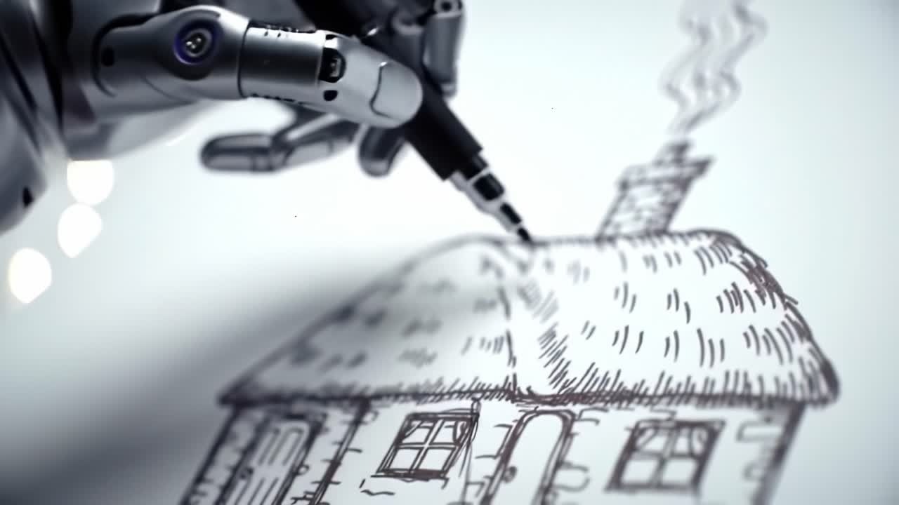 Intricate Robotics Captured: A Futuristic Robotic Hand Skillfully Sketches a Charming Cottage, Showcasing Advanced Technology and Artistic Fluidity in Motion