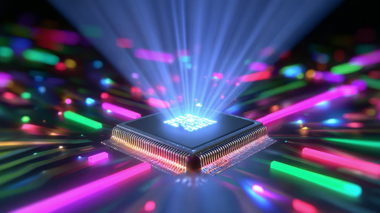 Illuminated Microchip with Colorful Light Beams Emitting from Circuitry, Representing Advanced Technology, Innovation, and Digital Processing in a Stunning Visual Display of Modern Electronics