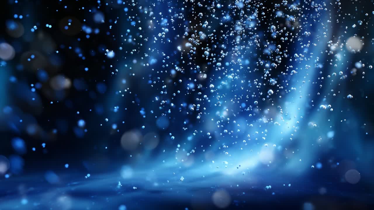 A Captivating Display of Sparkling Water Droplets and Ethereal Blue Light: A Visual Journey Through the Beauty of Water in Motion, Showcasing the Radiant Dance of Particles and Light Reflections
