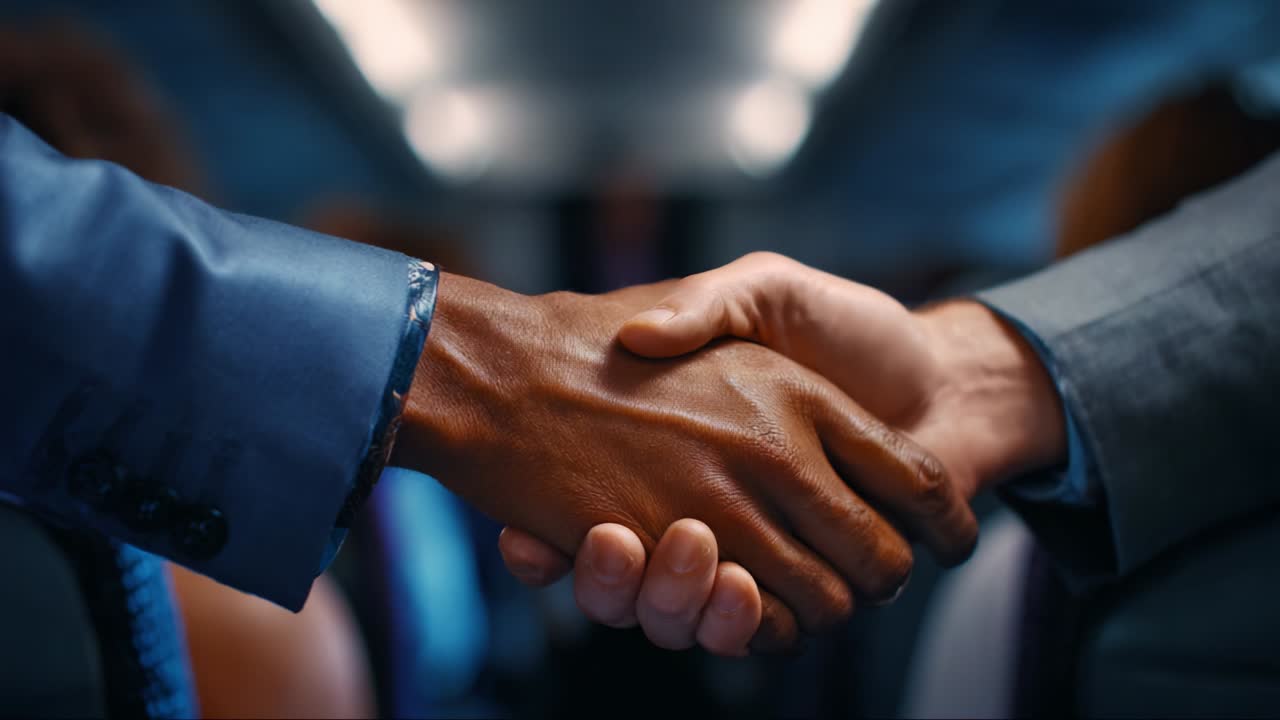 A Symbolic Gesture of Unity and Collaboration: Two Individuals Engaging in a Firm Handshake Amidst a Serene Environment, Representing Trust, Partnership, and Professional Relationships Within a Travel Context