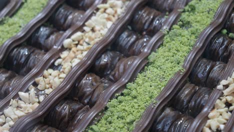 closeup of baklava with chocolate and pistachios