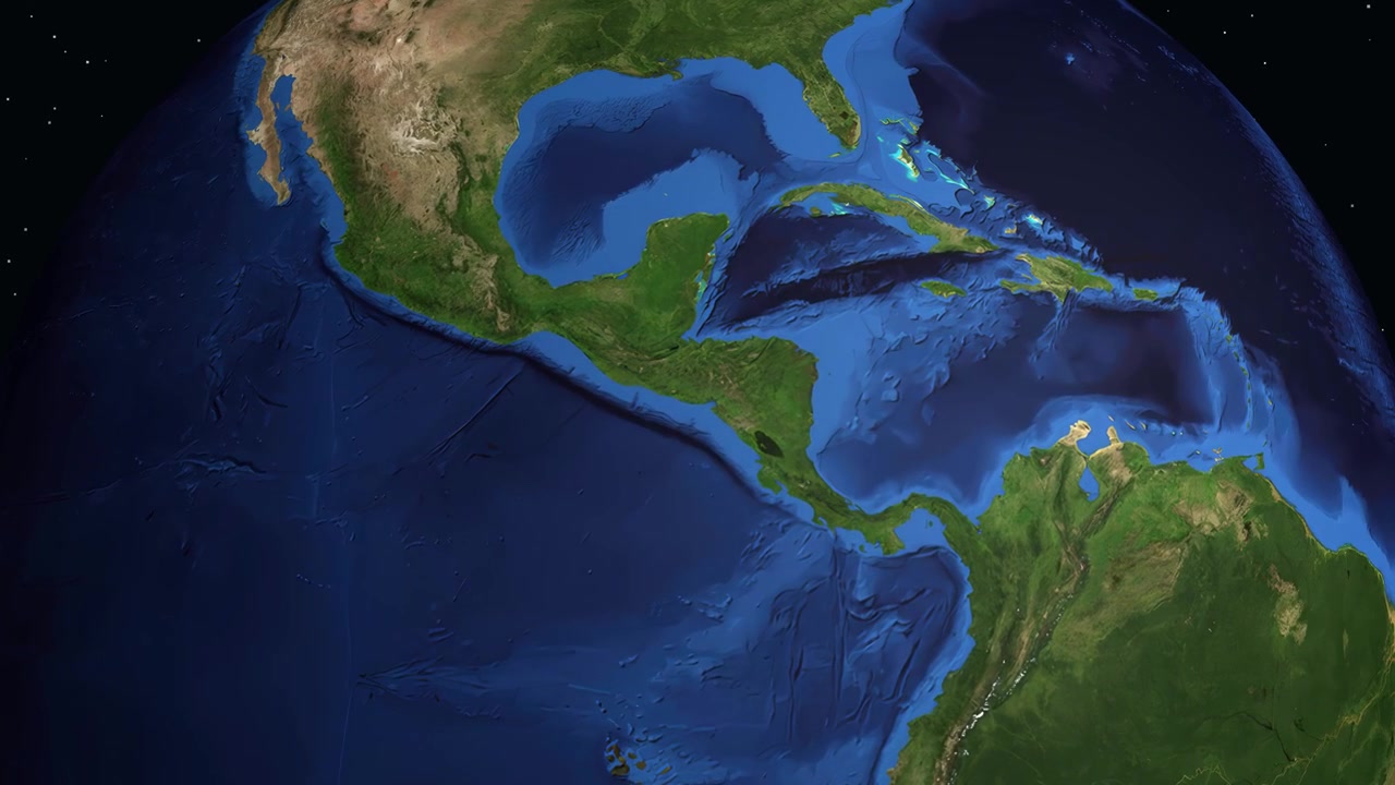 A Terra gira e faz zoom na América Central, destacando San Salvador com uma camada de dados de localização.