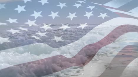 Composición-Digital-De-Ondear-La-Bandera-Estadounidense-Contra-La-Vista-De-La-Playa-Y-Las-Olas-Del-Mar