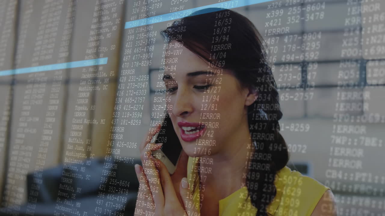 Woman in office talking on phone with data processing animation overlay