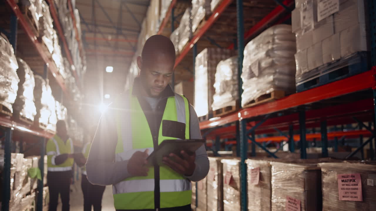 trabajador de almacén que utiliza una tableta para la gestión del inventario