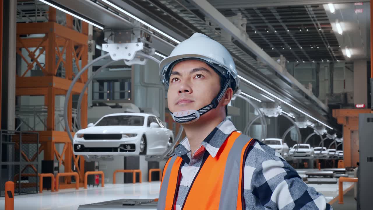 안전 헬을 착용한 아시아 남성 엔지니어가 팔을 들고 서 있는 동안 주위를 둘러보는 가까운 측면 뷰