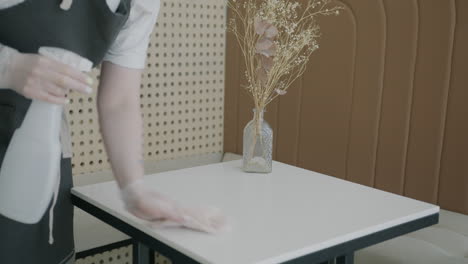 cafe employee cleaning a table