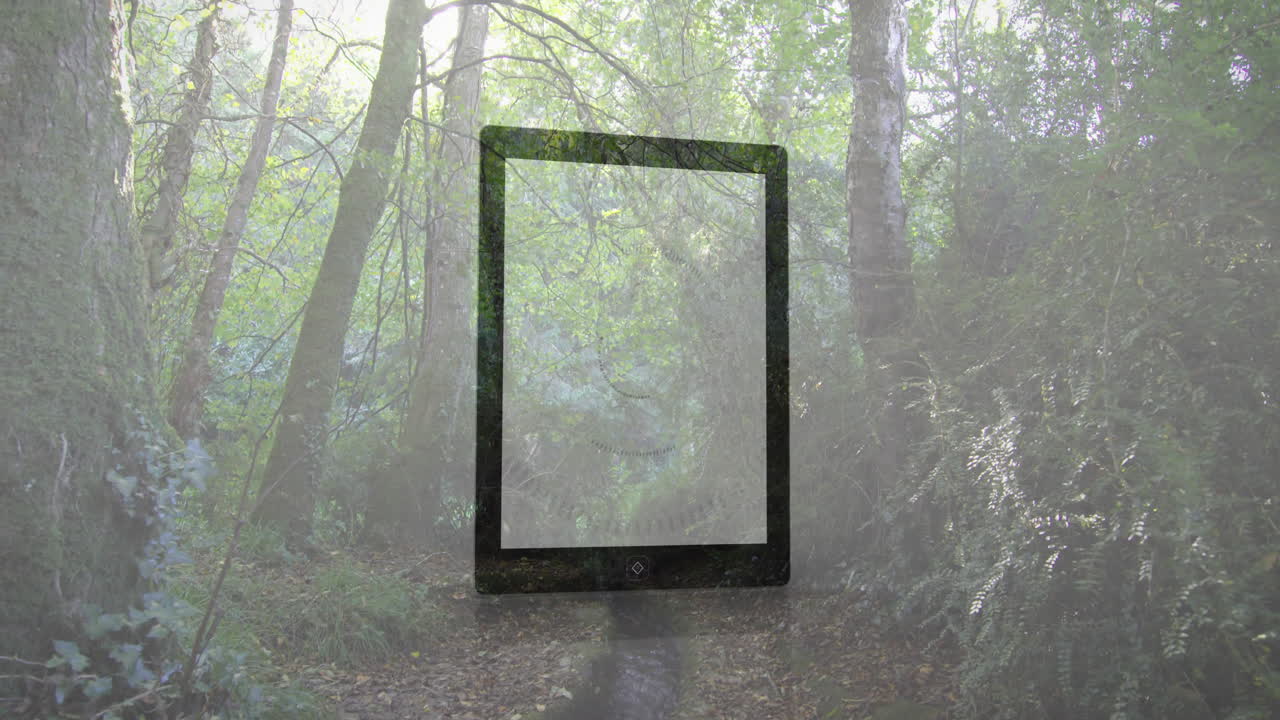 Digital animation overlay on forest pathway with lush green surroundings