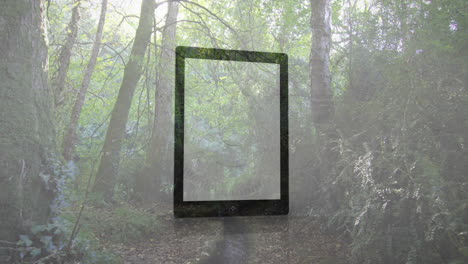digital animation overlay on forest pathway with lush green surroundings