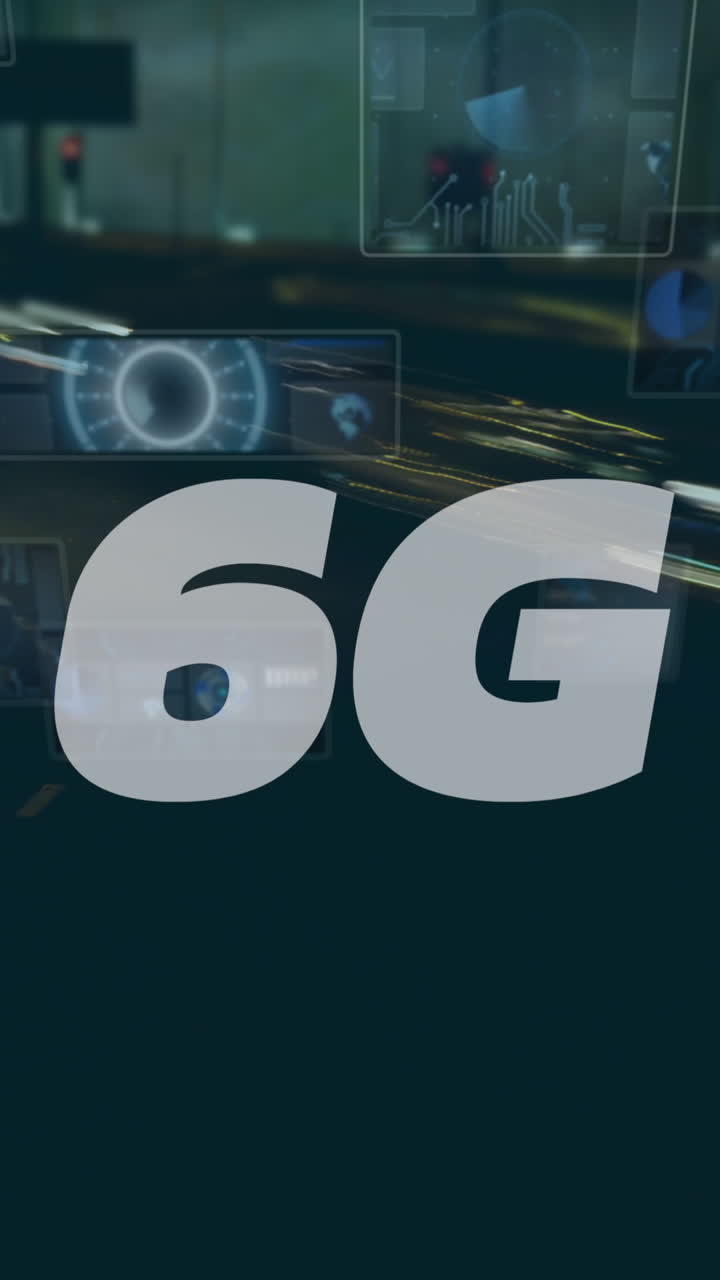 animación de texto 6g, procesamiento de datos y escaneo de ámbitos en pantallas sobre el tráfico vial rápido