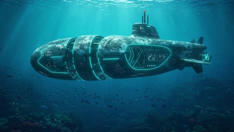 an intricate exploration of futuristic underwater technology: a stunning visual journey featuring a state-of-the-art submarine navigating the depths of the ocean