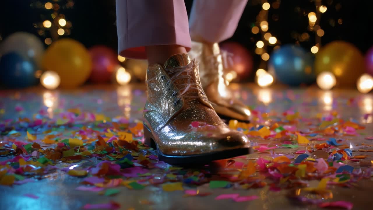 A dazzling display of sparkling shoes standing amidst a vibrant array of colorful confetti, capturing the festive spirit in a celebratory atmosphere with shimmering lights and balloons surrounding the scene
