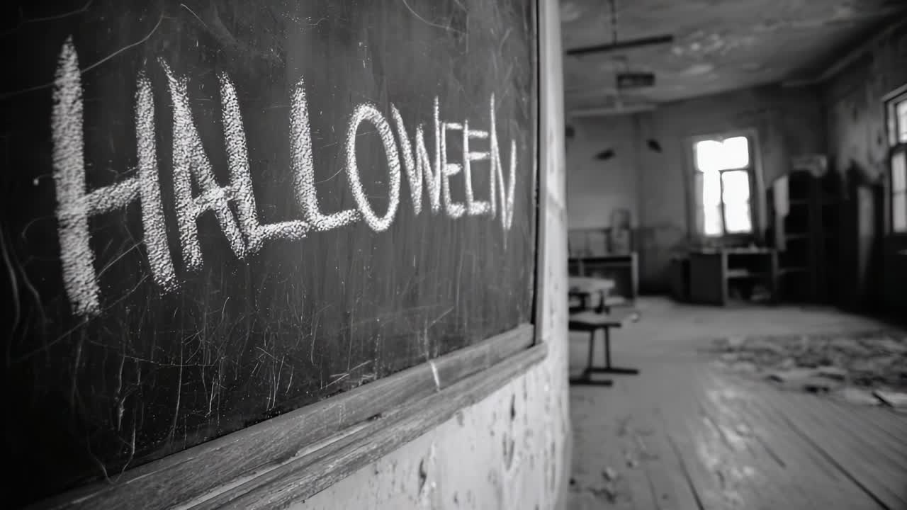 Scary abandoned classroom with the word halloween written with chalk on the blackboard, creating a mysterious and spooky atmosphere perfect for horror projects or themed celebrations