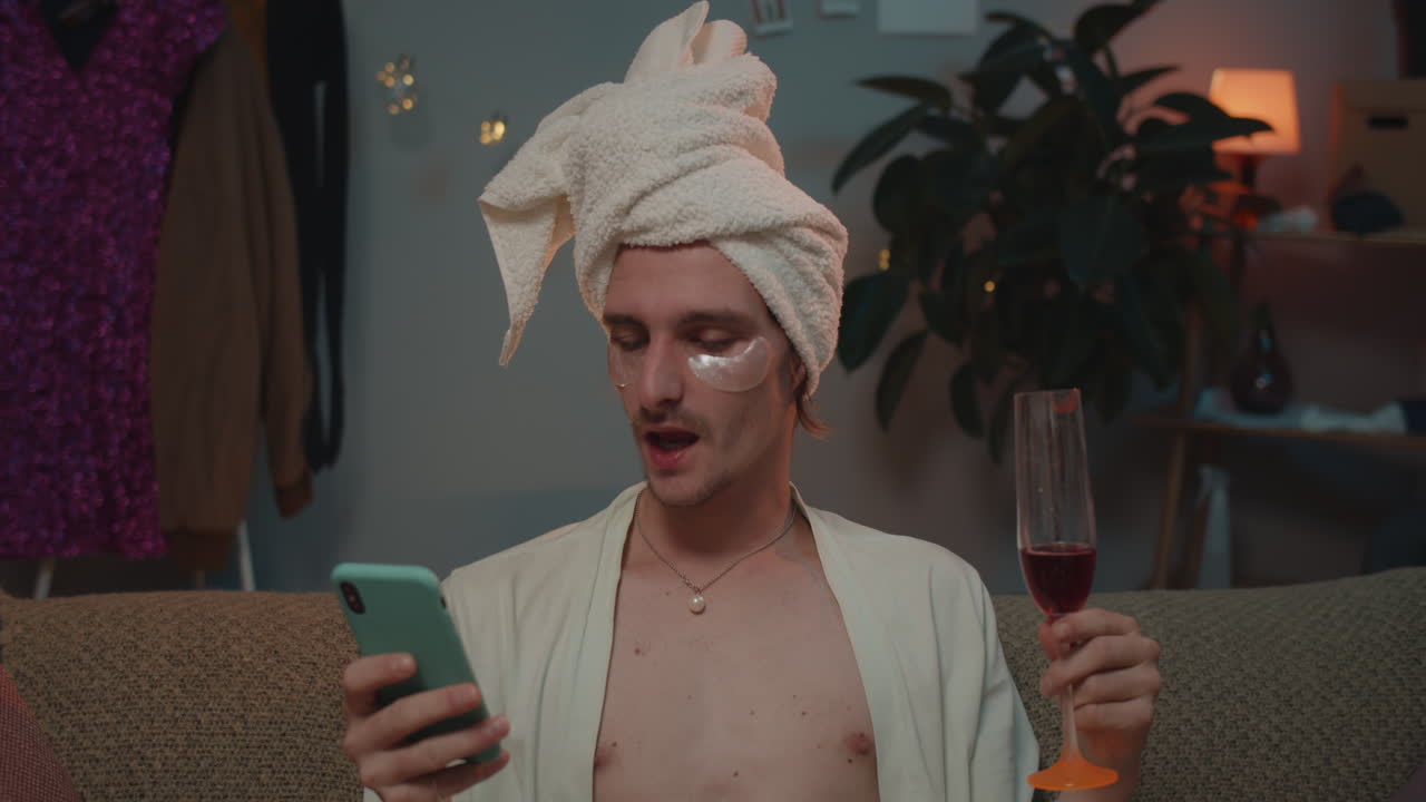 Man relaxing with wine and self-care routine