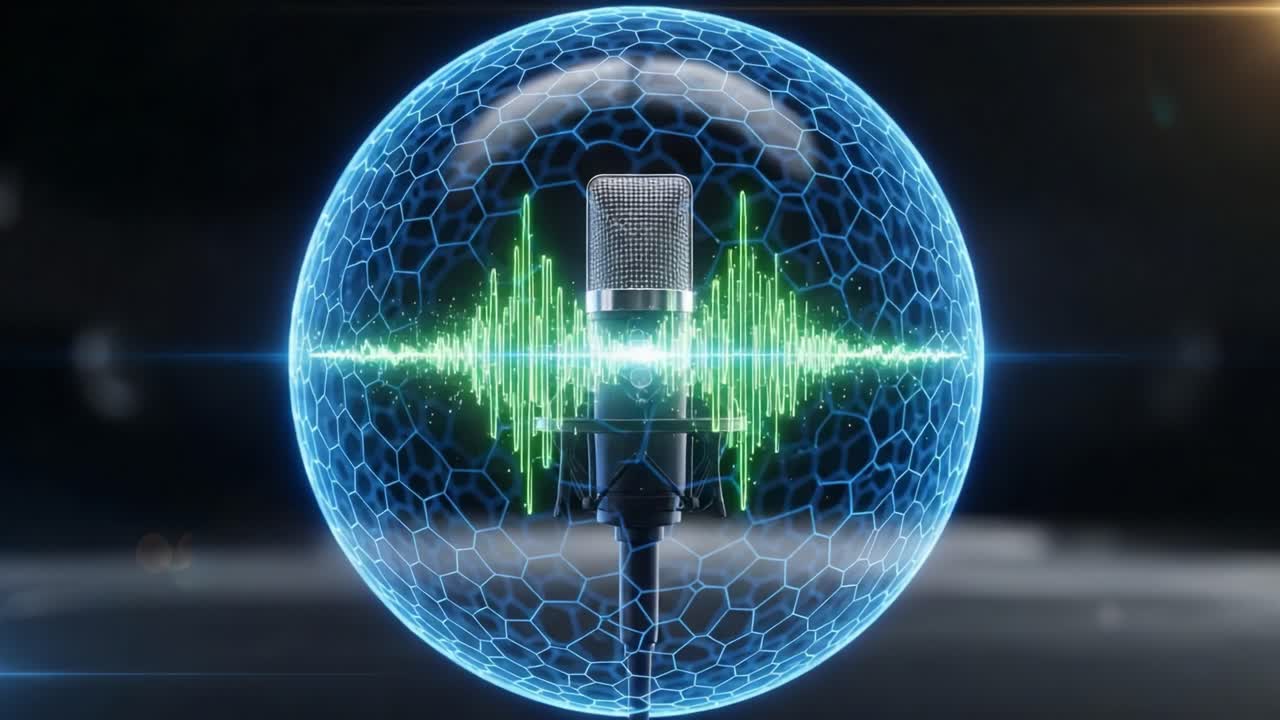 A Stunning Visual Representation of Sound Waves Encapsulated in a Sphere Surrounding a Microphone, Merging Technology with Acoustic Beauty in an Engaging Design