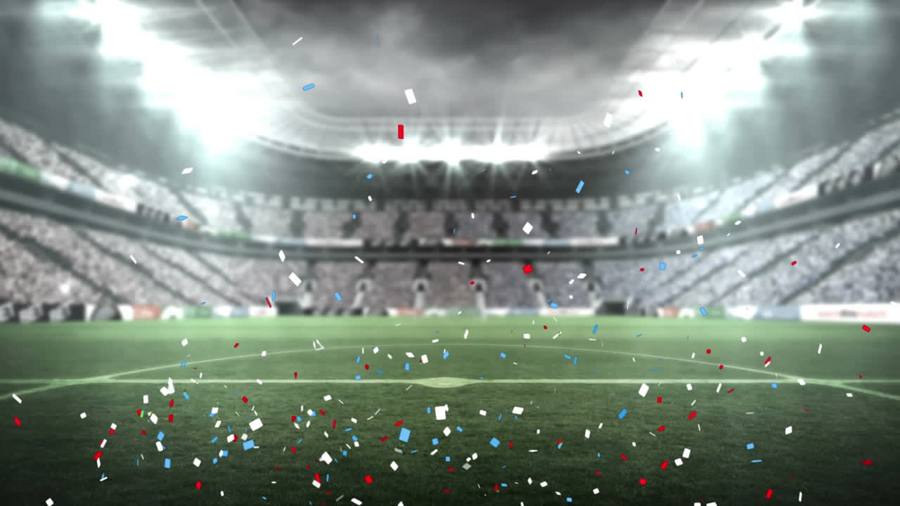 Animation of blue and red confetti falling over sports stadium