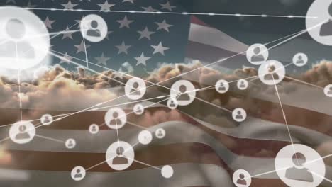 animation of network of connection and icons over usa flag and cloudy sky