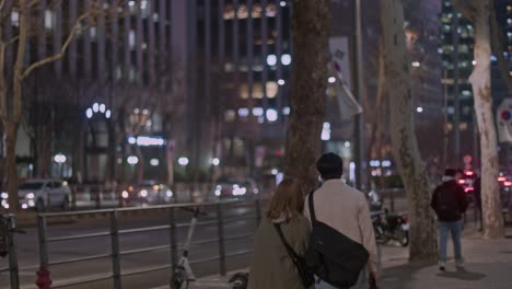 Corea-Del-Sur-Seúl-Gangnam-Noche-Ciudad-Ciudad-Calle-Urbana-Vista-A-Pie-Con-Una-Pareja,-Personas,-Autos-Y-Bandera-En-La-Noche