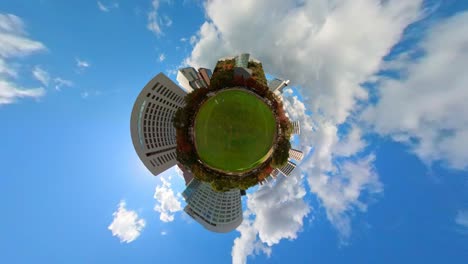 time-lapse of 360-degree shot of green grass of public park and urban building, 360-degree, little planet, planet earth.