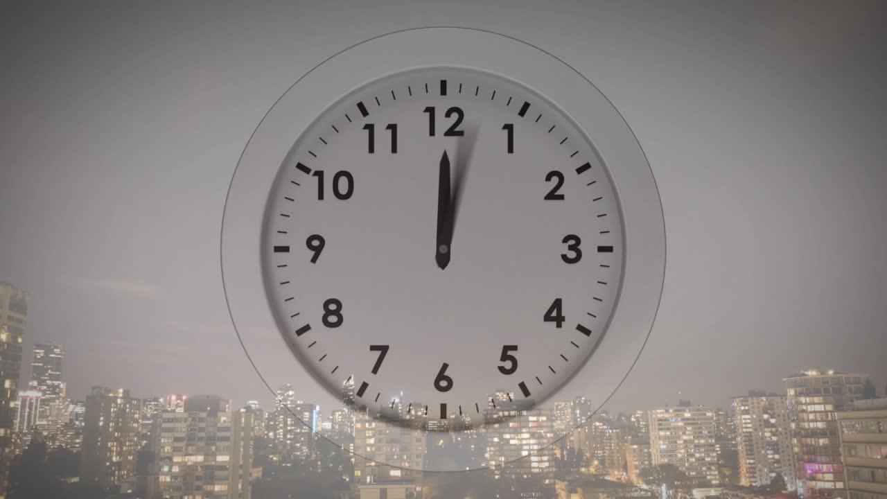 Analog clock centered, mechanism moving hands over skyline showing time flow for designers