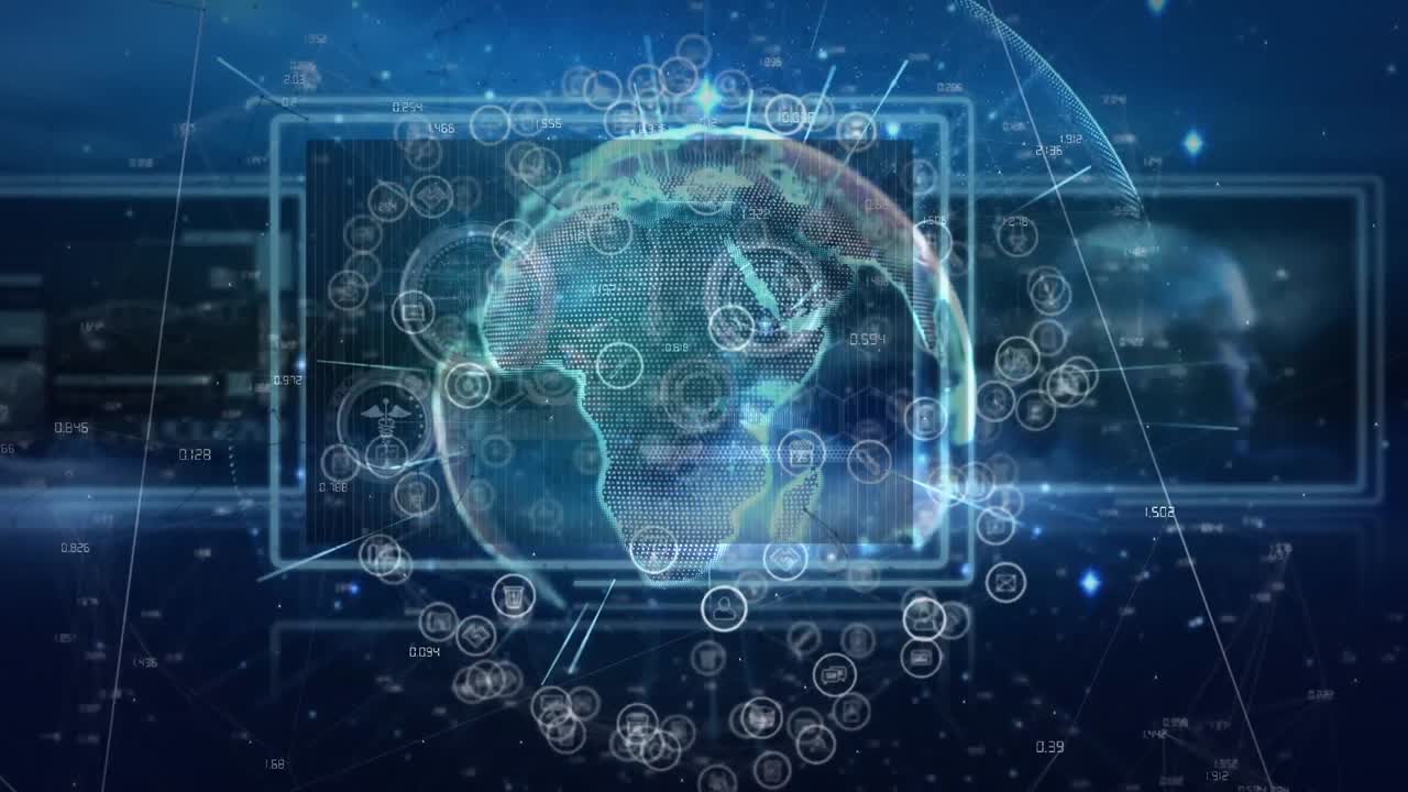 파란색 배경에 회전하는 지구상에서 빛의 흔적과 디지털 아이콘의 네트워크의 애니메이션