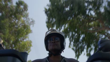 black male on driving motorbike on street, beach police, law enforcement, pov, 4k | looking around, shaky, road, travel, trees, forests