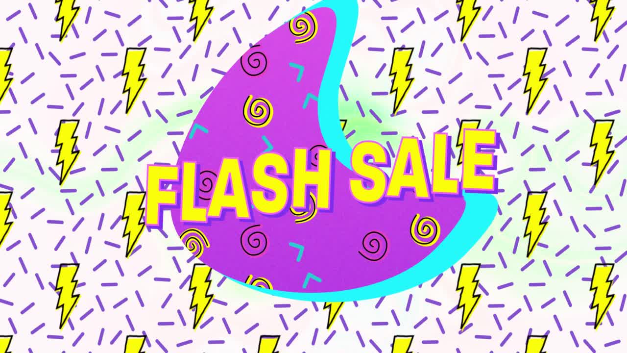 보라색 배너에 있는 플래시 판매 텍스트와  ⁇ 색 배경에 있는 무 ⁇  없는 패턴의 번개 아이콘