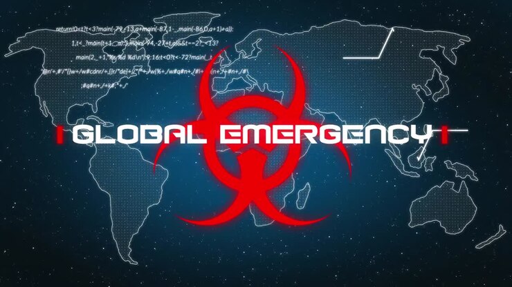 Words Global Emergency written over health hazard sign with world map in the background.