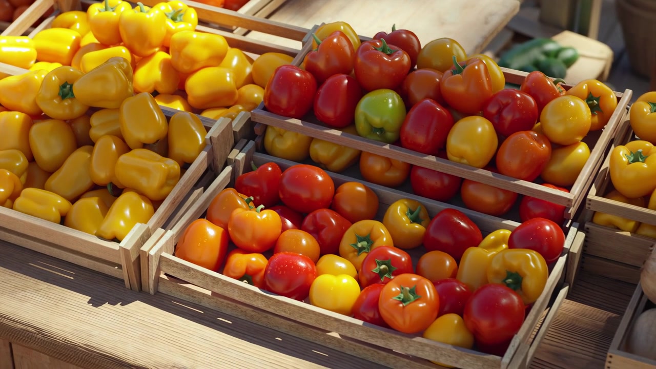 Pimentões variados em amarelo, vermelho, laranja e verde são exibidos em caixas de madeira em um mercado de produtos frescos, com um balcão de madeira e outros vegetais suavemente visíveis ao fundo sob luz natural brilhante.