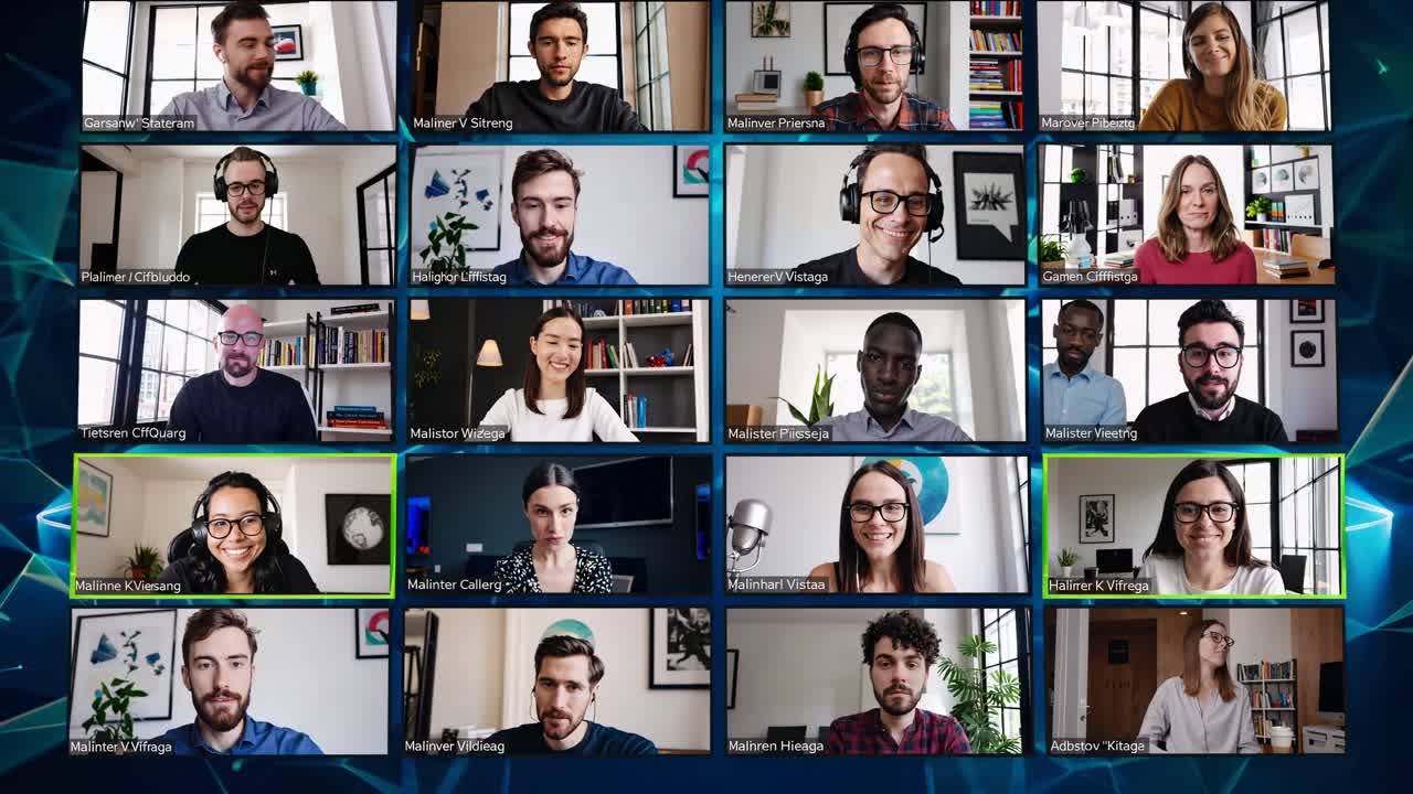 A grid of diverse people in a video conference call, captured from a straight-on angle