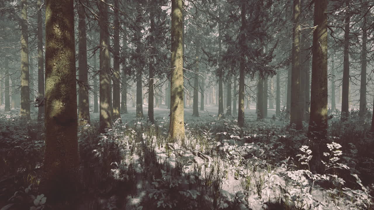 Misty winter forest with snow covered ground and tall evergreen trees