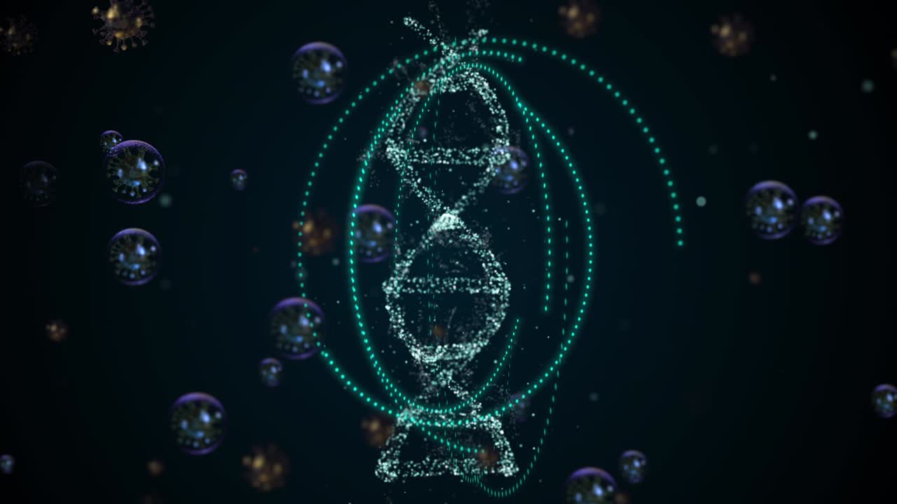 인간의 dna는 빛나는 원 안에서 회전하여 바이러스로부터 보호합니다.