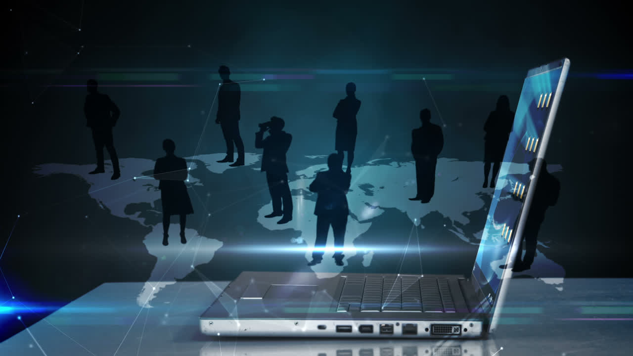 Business people silhouettes popping up by laptop