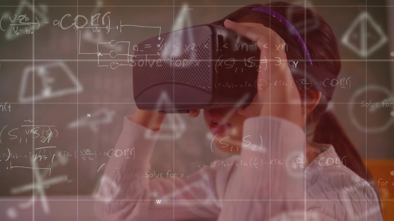Animation of mathematical equations over schoolgirl using vr headset