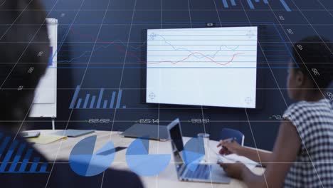 animation of financial data processing over diverse business people working in office